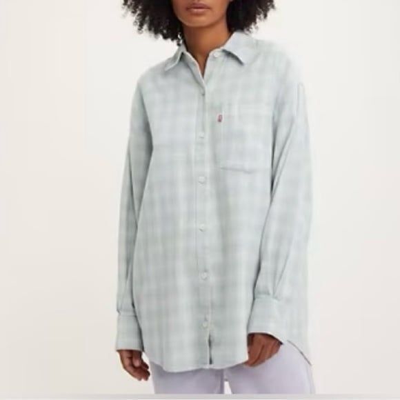 Levi’s Ex-boyfriend Oversized Relaxed Fit Plaid Blue‎ Shirt/Sz:Large/NWT - Picture 1 of 6